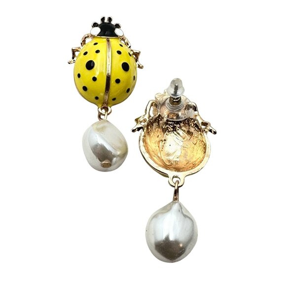 Womens Earrings Pierced Lady Bug Yellow Enamel Faux Pearl Gold Tone Chandelier - Picture 2 of 4